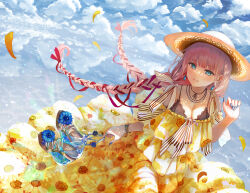 Rule 34 | 1girl, aqua eyes, beach, blue nails, blue sky, bracelet, braid, breasts, cleavage, cloud, cloudy sky, day, dress, ear piercing, falling petals, feet out of frame, floral print, frilled dress, frills, highres, holding, holding shoes, ito lab, jewelry, light particles, long dress, looking at viewer, necklace, ocean, off-shoulder dress, off shoulder, open mouth, original, outdoors, petals, piercing, pink hair, print dress, reflection, reflective water, shoes, sky, small breasts, smile, solo, sunflower print, teeth, twin braids, yellow dress