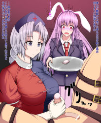 Rule 34 | 1boy, 2girls, animal ears, artist request, castration, clothed female nude male, flaccid, foreskin, gloves, gradient background, hetero, highres, multiple girls, nude, purple hair, rabbit ears, red eyes, reisen udongein inaba, simple background, small penis, tagme, tearing up, touhou, translation request, yagokoro eirin, yumusiusu