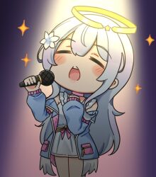 Rule 34 | 1girl, blue jacket, blush stickers, closed eyes, commentary request, copyright request, dress, facing viewer, feathered wings, flower, glowing, grey hair, hair between eyes, hair flower, hair ornament, halo, hands up, highres, holding, holding microphone, jacket, long hair, long sleeves, low wings, microphone, off shoulder, open clothes, open jacket, open mouth, puffy long sleeves, puffy sleeves, rutorifuki, sleeveless, sleeveless dress, sleeves past wrists, solo, sparkle, standing, very long hair, virtual youtuber, white dress, white flower, white wings, wings