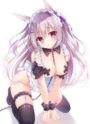 Rule 34 | 1girl, animal ears, apron, areola slip, bdsm, black thighhighs, blush, breasts, chain, chestnut mouth, collar, collarbone, commentary, english commentary, frilled apron, frills, grey hair, groin, hair between eyes, hair ornament, hair ribbon, hairclip, highres, kneeling, leash, long hair, looking at viewer, medium breasts, nail polish, original, pink nails, purple ribbon, rabbit ears, rabbit hair ornament, red collar, red eyes, ribbon, shadow, shirosei mochi, slave, solo, thighhighs, two side up, very long hair, white apron, white background, wrist cuffs