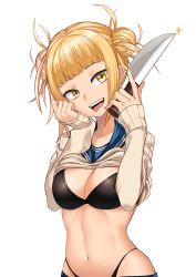Rule 34 | 10s, 1girl, aori sora, black bra, black panties, blonde hair, blunt bangs, boku no hero academia, bra, breasts, cardigan, cleavage, clenched hand, clothes lift, clothes pull, double bun, hair bun, hand on own cheek, hand on own face, hands up, highleg, highleg panties, highres, holding, holding knife, knife, long sleeves, looking at viewer, medium breasts, messy hair, navel, open mouth, panties, school uniform, serafuku, shirt lift, simple background, skirt, skirt pull, solo, sparkle, teeth, toga himiko, tongue, underwear, upper body, upper teeth only, weapon, white background, yellow eyes