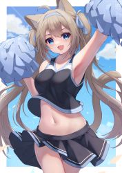 Rule 34 | 1girl, :d, absurdres, ahoge, animal ears, arm up, black shirt, black skirt, blue bow, blue hairband, blue sky, blush, bow, breasts, brown hair, cat ears, cat girl, cat tail, cheerleader, cloud, collarbone, crop top, fang, hair bow, hairband, hand up, highres, hinata (user rjkt4745), holding, long hair, looking at viewer, medium breasts, midriff, navel, open mouth, original, pleated skirt, pom pom (cheerleading), shirt, skirt, sky, sleeveless, sleeveless shirt, smile, solo, tail, twintails, very long hair