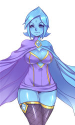 Rule 34 | 1girl, alternate breast size, alternate legwear, blue eyes, blue hair, blue skin, breasts, cape, cleavage, colored skin, dress, covered erect nipples, facial mark, fi (zelda), fishnets, forehead mark, highres, large breasts, maniacpaint, matching hair/eyes, nintendo, no arms, out of character, plump, short dress, short hair, smile, solo, the legend of zelda, the legend of zelda: skyward sword, thighhighs