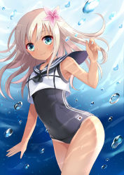 Rule 34 | 10s, 1girl, bad id, bad pixiv id, bare arms, blue eyes, blush, bubble, covered navel, flower, hair flower, hair ornament, harimoji, kantai collection, long hair, looking at viewer, one-piece swimsuit, ro-500 (kancolle), school swimsuit, silver hair, smile, solo, swimsuit, swimsuit under clothes, tan, tanline, underwater, water