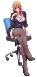 Rule 34 | 1girl, arm support, blush, bow, bow bra, bra, breasts, brown hair, business suit, cleavage, crossed legs, unworn eyewear, formal, glasses, green eyes, high heels, holding, holding removed eyewear, jacket, large breasts, legs, lingerie, lipstick, makeup, miniskirt, mirei-san, nail polish, office lady, open clothes, open shirt, original, pencil skirt, pink nails, pumps, shirt, shoes, sitting, skirt, skirt suit, sleeves rolled up, smile, solo, suit, teacher, thighhighs, unbuttoned, underwear, yamashita shun&#039;ya, zettai ryouiki