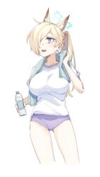 Rule 34 | 1girl, alternate costume, alternate hairstyle, animal ear fluff, animal ears, blonde hair, blue archive, blue eyes, bottle, breasts, buruma, cropped legs, dog ears, hair over one eye, halo, highres, holding, holding towel, kanna (blue archive), long hair, looking to the side, medium breasts, notched ear, ponytail, sharp teeth, shirt, short sleeves, solo, sweat, teeth, tosankaku, towel, towel around neck, water bottle, white shirt