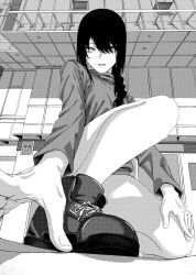 Rule 34 | 1girl, absurdres, arms at sides, bare legs, black hair, braid, chainsaw man, commentary, convenient leg, eyebrows hidden by hair, female focus, foreshortening, from below, greyscale, hair over eyes, hand on own leg, highres, kneeling, koto (artist), long hair, long sleeves, looking at viewer, monochrome, nayuta (chainsaw man), nose, on one knee, open mouth, outstretched arm, shirt, shoes, short hair, sidelighting, single braid, sneakers, solo, tsurime, turtleneck