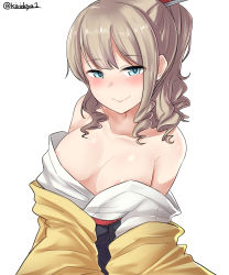 Rule 34 | 1girl, absurdres, areola slip, blue eyes, breasts, collarbone, covered erect nipples, drill hair, hatakaze (kancolle), highres, japanese clothes, kantai collection, kimono, kiritto, light brown hair, medium breasts, meiji schoolgirl uniform, no bra, short hair, simple background, smile, solo, twitter username, white background, white kimono, yellow kimono