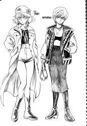 Rule 34 | 2boys, androgynous, ankle boots, bae (baebae), bag, boots, choker, crossover, flower, graphite (medium), greyscale, hat, hat flower, highres, holding, holding bag, hunter x hunter, jacket, jewelry, knee boots, kurapika, lio fotia, long coat, long skirt, male focus, monochrome, multiple boys, necklace, promare, short hair with long locks, short shorts, shorts, skirt, traditional media, trap
