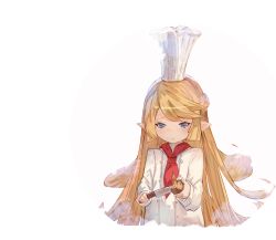 Rule 34 | 1girl, absurdres, blonde hair, blue eyes, blush, charlotta (granblue fantasy), chef, chef hat, chips (food), closed mouth, commentary request, cropped torso, food, granblue fantasy, harvin, hat, highres, holding, holding food, holding knife, jacket, knife, long hair, long sleeves, peeling, pointy ears, potato chips, red neckwear, simple background, solo, toque blanche, tota (sizukurubiks), upper body, very long hair, white background, white hat, white jacket