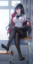 Rule 34 | 1girl, :d, absurdres, ahoge, azur lane, black bow, black bowtie, black hair, black panties, black pantyhose, black skirt, bow, bowtie, breasts, classroom, clothes lift, collared shirt, crossed legs, curtains, desk, feet, full body, glasses, highres, large breasts, lens flare, liht, looking at viewer, no shoes, official alternate costume, on desk, open mouth, panties, panties under pantyhose, pantyhose, pantyshot, red eyes, school desk, school uniform, shirt, sitting, skirt, skirt lift, smile, soles, solo, taihou (azur lane), taihou (sweet time after school) (azur lane), thighband pantyhose, thighs, toes, underwear, white shirt, window
