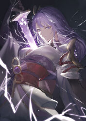 Rule 34 | 1girl, black background, black bridal gauntlets, breasts, bridal gauntlets, cleavage, closed mouth, commentary request, cowboy shot, drawing sword, electricity, genshin impact, hand up, highres, holding, holding sword, holding weapon, human scabbard, japanese clothes, kimono, large breasts, long hair, looking at viewer, marumoru, mitsudomoe (shape), musou isshin (genshin impact), obi, purple eyes, purple hair, purple kimono, raiden shogun, sash, shoulder pads, sidelocks, solo, sword, tomoe (symbol), weapon, wide sleeves