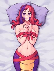 Rule 34 | 1girl, blush, bound, bound wrists, bow, breasts, closed mouth, collarbone, commentary, english commentary, gift art, hands up, highres, lamia, large breasts, long hair, lying, monster girl, multicolored hair, navel, on back, original, pillow, purple hair, red bow, red ribbon, ribbon, sideways glance, skindentation, slit pupils, sneakveek, solo, two-tone hair
