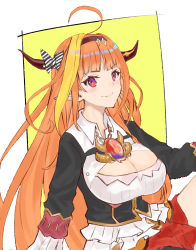 Rule 34 | 1girl, ahoge, amane (amanevo), black bow, black hairband, black jacket, blonde hair, blunt bangs, blush, bow, bowtie, breasts, brooch, chain, chain necklace, cleavage, cleavage cutout, closed mouth, clothing cutout, collared shirt, diagonal-striped bow, dragon girl, dragon horns, dragon wings, fang, gem, hair ornament, hairband, highres, hololive, horn bow, horn ornament, horns, jacket, jewelry, kiryu coco, kiryu coco (1st costume), large breasts, long hair, looking at viewer, multicolored bow, multicolored eyes, multicolored hair, necklace, orange hair, pleated skirt, pointy ears, purple eyes, red eyes, red skirt, shirt, simple background, sitting, skin fang, skirt, smile, solo, streaked hair, striped, upper body, virtual youtuber, white bow, white shirt, wings
