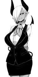 Rule 34 | 1girl, arms behind back, black sclera, blush, breasts, collared shirt, colored sclera, commentary request, cowboy shot, dark-skinned female, dark skin, demon girl, demon horns, demon tail, dress shirt, greyscale, hair over one eye, head tilt, highres, horns, large breasts, long sleeves, looking at viewer, monochrome, musuko ga kawaikute shikatanai mazoku no hahaoya, neckerchief, parted lips, pencil skirt, pointy ears, shirt, skirt, slit pupils, smile, solo, tail, teresa (mazohaha), vest, wing collar, zyugoya