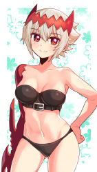Rule 34 | 1girl, bare shoulders, bikini, black bikini, black bra, black panties, blush, bra, breasts, closed mouth, commentary, cougar (cougar1404), cowboy shot, dragon: marked for death, empress (dmfd), female focus, floral background, gluteal fold, grey hair, hand on own hip, headgear, looking at viewer, medium breasts, navel, panties, red eyes, red headwear, scar, scar on face, short hair, smile, solo, standing, strapless, strapless bikini, strapless bra, swimsuit, tiara, underwear, white hair