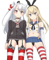 Rule 34 | 2girls, amatsukaze (kancolle), black hairband, black neckerchief, black panties, blonde hair, blue sailor collar, blue skirt, brown dress, cameltoe, cleft of venus, commentary request, cowboy shot, crop top, dress, elbow gloves, from below, garter straps, gloves, grey eyes, hair tubes, hairband, highleg, highleg panties, kantai collection, long hair, looking at viewer, microskirt, miniskirt, multiple girls, neckerchief, panties, parted lips, pleated skirt, red eyes, sailor collar, sailor dress, shimakaze (kancolle), short dress, silver hair, simple background, skirt, standing, striped clothes, striped legwear, striped thighhighs, takafumi, thighhighs, two side up, underwear, white background, white gloves