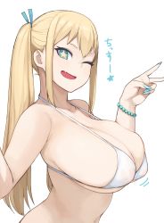 Rule 34 | 1girl, accio, bad id, bad pixiv id, bare shoulders, bikini, blonde hair, blue eyes, blue nails, bracelet, breasts, fang, fingernails, from side, hands up, highres, huge breasts, jewelry, long hair, looking at viewer, nail polish, navel, one eye closed, original, simple background, skindentation, solo, star-shaped pupils, star (symbol), swimsuit, symbol-shaped pupils, twintails, upper body, white background, white bikini