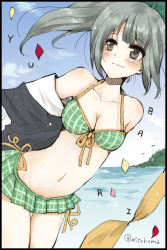 Rule 34 | 10s, 1girl, artist name, bikini, bikini skirt, blue sky, breasts, brown eyes, character name, cleavage, day, front-tie top, grey hair, hair ornament, highres, jacket, kantai collection, leaning forward, medium breasts, mito (go!go!king!), navel, ocean, off shoulder, petals, pleated skirt, skirt, sky, smile, swimsuit, yuubari (kancolle)