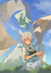 Rule 34 | 1girl, absurdres, apron, aqua bow, bed sheet, black vest, blue sky, bow, braid, closed eyes, closed mouth, clothesline, cloud, collared shirt, commentary, cowboy shot, day, drying, drying clothes, grey hair, highres, holding, holding sheet, izayoi sakuya, kinoko (kino2435006), long hair, maid, maid headdress, outdoors, shirt, short sleeves, sky, solo, touhou, twin braids, vest, white apron, white shirt, wind, wristband