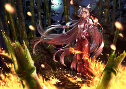 Rule 34 | 1girl, absurdly long hair, absurdres, armband, baggy pants, bamboo, bamboo forest, blurry, blurry foreground, bow, burning, burnt, burnt clothes, buttons, clip studio paint (medium), closed mouth, collared shirt, embers, eyes visible through hair, fire, floating hair, forest, fujiwara no mokou, full body, hair bow, hair ribbon, hand in pocket, hand up, highres, kashiwagi (pixiv35005989), light smile, long hair, long sleeves, looking at viewer, moon, motion blur, multiple hair bows, nature, night, open clothes, open fly, open pants, outdoors, pants, parted bangs, red eyes, red pants, ribbon, shirt, shoes, silver hair, solo, standing, suspenders, torn clothes, torn shirt, touhou, very long hair, white shirt, wing collar