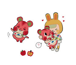 Rule 34 | &gt; &lt;, 1girl, 1other, :3, ;3, > <, ?, animal crossing, animal ears, animal hood, animal nose, apple, apple (animal crossing), arm up, black eyes, blush stickers, body fur, buck teeth, chibi, closed eyes, closed mouth, dancing, facing viewer, fake animal ears, food, from side, fruit, full body, furry, furry female, guu (hakahonoo), hamster ears, hamster girl, hands up, happy, heart, hood, hug, jaggy lines, lifting person, looking at another, looking to the side, motion lines, multicolored clothes, multicolored shirt, multiple views, name connection, nintendo, official style, one eye closed, outstretched arms, plaid, plaid shirt, platinum blonde hair, rabbit ears, rabbit hood, red fur, shirt, shoes, short sleeves, simple background, sketch, socks, spoken question mark, standing, straight-on, t-shirt, teeth, u u, villager (animal crossing), white background, white footwear, white shirt, x3, yellow headwear, yellow legwear