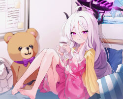 Rule 34 | 1girl, absurdres, ahoge, barefoot, blue archive, blush, cardigan, closed mouth, commentary, cup, demon girl, demon horns, doodle sensei (blue archive), dress, drink, feet, hair between eyes, halo, highres, hina (blue archive), hina (pajamas) (blue archive), holding, holding cup, horns, indoors, kinyouny, knees together feet apart, knees up, legs, long hair, official alternate costume, on bed, pillow, pink dress, polka dot, polka dot dress, purple eyes, sensei (blue archive), short dress, sitting, soles, solo, stuffed animal, stuffed toy, teddy bear, toenails, toes, white hair, yellow cardigan