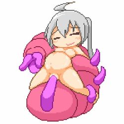 Rule 34 | ahoge, animated, animated gif, bare shoulders, bluelab, blush, breasts, hair between eyes, looping animation, lowres, medium breasts, monster, navel, nipples, open mouth, original, pixel art, pregnant, pussy juice, restrained, side ponytail, silver hair, simple background, slug, smile, tentacles, ugoira, uncensored, vaginal, white background, yellow eyes