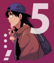 Rule 34 | !, ..., 1boy, backpack, backwards hat, bag, baseball cap, black bag, black eyes, black hair, blue hat, brown jacket, closed mouth, commentary request, expressionless, hat, highres, inudori, itou kaiji, jacket, kaiji, long hair, male focus, medium bangs, profile, red background, simple background, solo, upper body