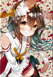 Rule 34 | 1girl, animal ears, bare shoulders, black hair, blush, boots, breasts, brown eyes, cat ears, cat tail, detached sleeves, floral background, floral print, hair ornament, hairband, hairclip, haruna (kancolle), headgear, highres, japanese clothes, kantai collection, large breasts, long hair, looking at viewer, nontraditional miko, ribbon-trimmed sleeves, ribbon trim, sitting, skirt, smile, suzuho hotaru, tail, thigh boots, thighhighs, wariza, wide sleeves