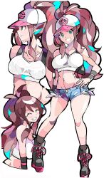 Rule 34 | 1girl, baseball cap, blue eyes, breasts, brown eyes, brown hair, closed eyes, creatures (company), curvy, denim, denim shorts, enpe, game freak, grin, hand on own hip, hat, highres, hilda (pokemon), large breasts, legs, looking at viewer, midriff, multiple views, navel, nintendo, pokemon, pokemon bw, ponytail, shorts, smile, solo, sweat, tank top, thighs, wide hips