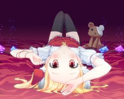 Rule 34 | 1girl, arm over head, ascot, bangs pinned back, bed sheet, black thighhighs, blonde hair, blush, crystal, flandre scarlet, gradient background, knees up, kurokumaneko, looking at viewer, lying, on back, parted lips, puffy short sleeves, puffy sleeves, purple background, red background, red eyes, red skirt, red vest, short sleeves, side ponytail, skirt, solo, stuffed animal, stuffed toy, teddy bear, thighhighs, touhou, vampire, vest, wings