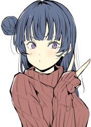Rule 34 | 1girl, absurdres, blue hair, blunt bangs, breasts, commentary request, hair bun, highres, inward v, long hair, long sleeves, looking at viewer, love live!, love live! sunshine!!, medium breasts, purple eyes, red sweater, sidelocks, single side bun, sleeves past wrists, solo, sweater, tommer, tsushima yoshiko, turtleneck, turtleneck sweater, upper body, white background