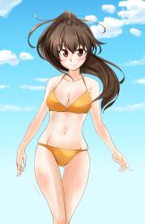 Rule 34 | 1girl, abimaru gup, bikini, blue sky, blush, breasts, brown eyes, brown hair, cleavage, closed mouth, cloud, cloudy sky, commentary request, day, extra, girls und panzer, highres, itsumi erika&#039;s loader, long hair, looking at viewer, medium breasts, navel, one-hour drawing challenge, orange bikini, outdoors, ponytail, skindentation, sky, smile, solo, standing, swimsuit, thigh gap, twitter username, wind