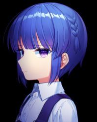 Rule 34 | 1girl, black background, blue hair, braid, closed mouth, collared shirt, commentary request, copyright request, jenevan, jitome, korean commentary, looking at viewer, purple eyes, shirt, short sleeves, simple background, solo, suspenders, upper body, white shirt, wing collar