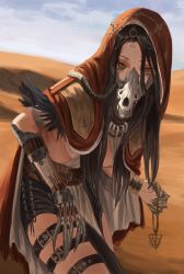 Rule 34 | 1girl, absurdres, animal skull, belt, black feathers, black hair, breasts, brown eyes, cape, cleavage, desert, feathers, gauntlets, gold can, highres, holding, holding jewelry, hood, hood up, jewelry, long hair, multiple belts, original, outdoors, respirator, short shorts, shorts, sideboob, solo, thigh belt, thigh strap