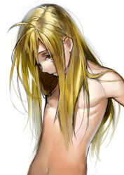 Rule 34 | 1boy, alphonse elric, androgynous, armpit crease, arms at sides, blonde hair, closed mouth, expressionless, eyes visible through hair, fullmetal alchemist, hair behind ear, hair over eyes, head down, long hair, looking at viewer, male focus, messy hair, navel, noako, nude, pectorals, ribs, simple background, skinny, stomach, straight hair, upper body, very long hair, white background, yellow eyes