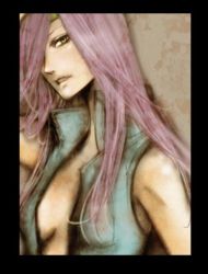 Rule 34 | 1990s (style), 1girl, androgynous, bad id, bad pixiv id, bare shoulders, breasts, cleavage, faris scherwiz, final fantasy, final fantasy v, green eyes, hair over one eye, headband, jacket, long hair, medium breasts, open clothes, open jacket, purple hair, reverse trap, solo, ttt, vest