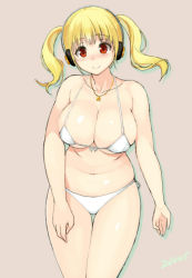 Rule 34 | 1girl, bikini, blonde hair, blush, breasts, brown eyes, dated, front-tie top, headphones, huge breasts, jewelry, large breasts, navel, necklace, nitroplus, plump, red eyes, sasamori tomoe, simple background, smile, solo, star (symbol), star necklace, string bikini, super pochaco, swimsuit, thigh gap, twintails, white bikini