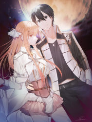 Rule 34 | 1boy, 1girl, absurdres, aged up, asuna (sao), bad id, bad pixiv id, black eyes, black hair, black pants, black shirt, bustier, cape, closed mouth, coat, collarbone, couple, cowboy shot, dutch angle, full moon, garter straps, hair between eyes, hand in pocket, hand on another&#039;s hip, hetero, highres, kirito, long sleeves, looking at viewer, midriff, miniskirt, moon, navel, night, open clothes, open coat, pants, pink skirt, pleated skirt, riko201008, shirt, short hair, signature, skirt, standing, stomach, sword art online, thighs, white cape