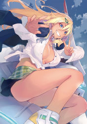 Rule 34 | 1girl, amesuku gyaru, aqua eyes, blonde hair, blue sky, breasts, character request, cloud, collared shirt, cover image, dark-skinned female, dark elf, dark elf no mori to nare, dark skin, day, dengeki bunko, double w, dress shirt, elf, green skirt, hair between eyes, hair ornament, hairclip, highres, jewelry, kogal, large breasts, legs, long hair, long sleeves, looking at viewer, looking down, midriff, miniskirt, necklace, nilitsu, no bra, novel illustration, official art, open mouth, outdoors, partially unbuttoned, plaid, plaid skirt, pleated skirt, pointy ears, school uniform, shirt, shoes, sitting, skirt, sky, smirk, sneakers, solo, teeth, textless version, upskirt, w, white shirt