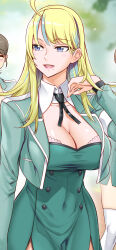 Rule 34 | 1girl, ahoge, blonde hair, blue eyes, bra, breasts, character request, cleavage, copyright request, cropped jacket, detached collar, dress, green dress, green jacket, highres, jacket, large breasts, long hair, mole, mole under mouth, multicolored hair, open mouth, paid reward available, satou shouji, streaked hair, underwear, white bra