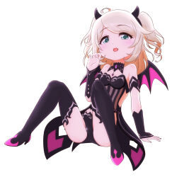 Rule 34 | 1girl, ahoge, alternate hairstyle, arm support, armband, bare shoulders, bikini, black armband, black bikini, black collar, black hairband, black sleeves, black thighhighs, blonde hair, blush, bow, claw pose, collar, demon horns, demon wings, detached collar, detached sleeves, dot nose, e sen a1000, fake horns, fake wings, flat chest, full body, green eyes, hair bow, hairband, hand up, highres, horns, idolmaster, idolmaster cinderella girls, idolmaster cinderella girls starlight stage, idolmaster starlit season, knees up, long hair, looking at viewer, open mouth, simple background, sitting, smile, solo, spread legs, swimsuit, tail, thighhighs, twintails, two side up, white background, wings, yusa kozue