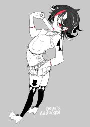 Rule 34 | 1girl, alternate costume, arched back, ass, back tattoo, bad anatomy, bare shoulders, belt, black hair, black thighhighs, earrings, artistic error, food, horns, imoni, jewelry, kijin seija, midriff, multicolored hair, panties, perspective, pointy ears, popsicle, red eyes, red hair, senoo arika, sexually suggestive, short hair, short shorts, shorts, solo, spot color, tattoo, thighhighs, tongue, tongue out, touhou, tramp stamp, underwear