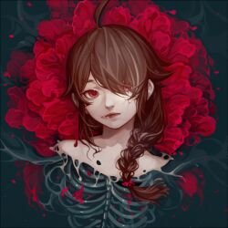 Rule 34 | 1girl, ahoge, blood, blood on face, braid, brown hair, chinese commentary, commentary request, cracked skin, dteroo, eyelashes, flower, hair over one eye, long hair, petals, red eyes, red flower, ribs, single braid, skeleton, solo, upper body, vocaloid, vsinger, yuezheng ling