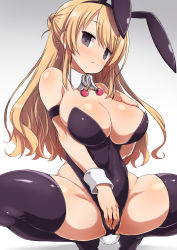 Rule 34 | 1girl, animal ears, arm strap, bad id, bad pixiv id, blonde hair, bow, bowtie, breasts, cleavage, covered navel, covering privates, covering crotch, detached collar, empty eyes, fake animal ears, gradient background, grey background, grey eyes, half updo, hand on own chest, highleg, highleg leotard, kounosu satori, large breasts, leotard, long hair, looking at viewer, nikaido natsuko, parted lips, pic k, playboy bunny, rabbit ears, rabbit tail, solo, spread legs, squatting, swap swap, tail, thighhighs, wrist cuffs