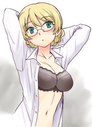 Rule 34 | 1girl, blonde hair, blouse, blue eyes, blush, bra, braid, breasts, cleavage, collared shirt, darjeeling (girls und panzer), girls und panzer, glasses, long sleeves, looking at viewer, medium breasts, navel, open clothes, open mouth, open shirt, shirt, simple background, solo, swept bangs, underwear, uona telepin, upper body, white shirt