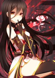 Rule 34 | 1girl, black gloves, black hair, black thighhighs, elbow gloves, gloves, long hair, looking at viewer, original, rizky (strated), smile, solo, thighhighs, yellow eyes