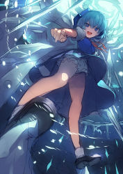 Rule 34 | 1girl, :d, bare legs, black footwear, bloomers, blue bow, blue dress, blue eyes, blue hair, bow, cirno, commentary request, dress, foreshortening, from below, hair bow, highres, ice, ice wings, icicle, light particles, looking at viewer, neck ribbon, open mouth, pointing, pointing at viewer, puffy short sleeves, puffy sleeves, red ribbon, ribbon, shoes, short hair, short sleeves, sketch, smile, socks, solo, standing, touhou, tsukimoto aoi, underwear, upskirt, white bloomers, white socks, wings