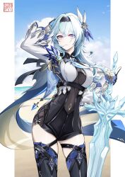 Rule 34 | 1girl, absurdres, arm up, beach, black hairband, blue cape, blue gloves, blue hair, blue necktie, blue sky, boots, border, breasts, cape, chest harness, closed mouth, cloud, contrapposto, cowboy shot, crystal sword, eula (genshin impact), genshin impact, gloves, greatsword, hair ornament, hairband, hand on own head, harness, high-waist shorts, highres, holding, holding sword, holding weapon, horizon, large breasts, long sleeves, looking afar, looking to the side, medium hair, necktie, pillarboxed, sand, shorts, sidelocks, signature, sky, solo, sword, thigh boots, tongyu, variant set, vision (genshin impact), weapon, white border, white sleeves, wide sleeves